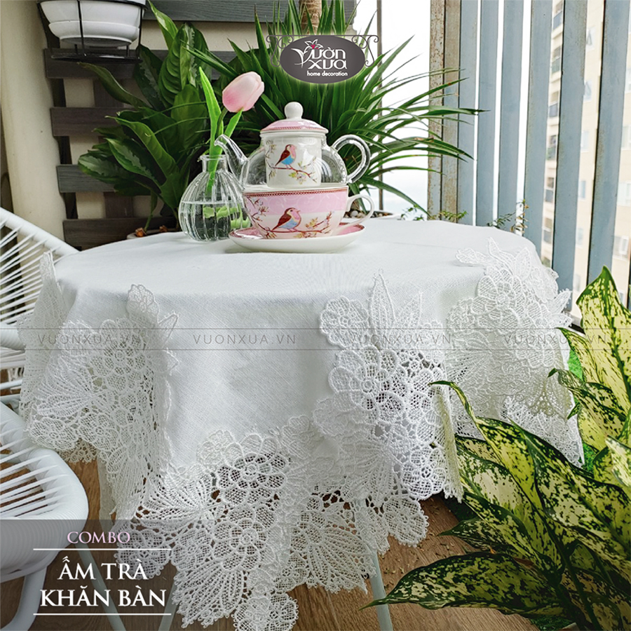 Khăn trải bản màu trắng, viền hoa ren VƯỜN XƯA, KBWE-V