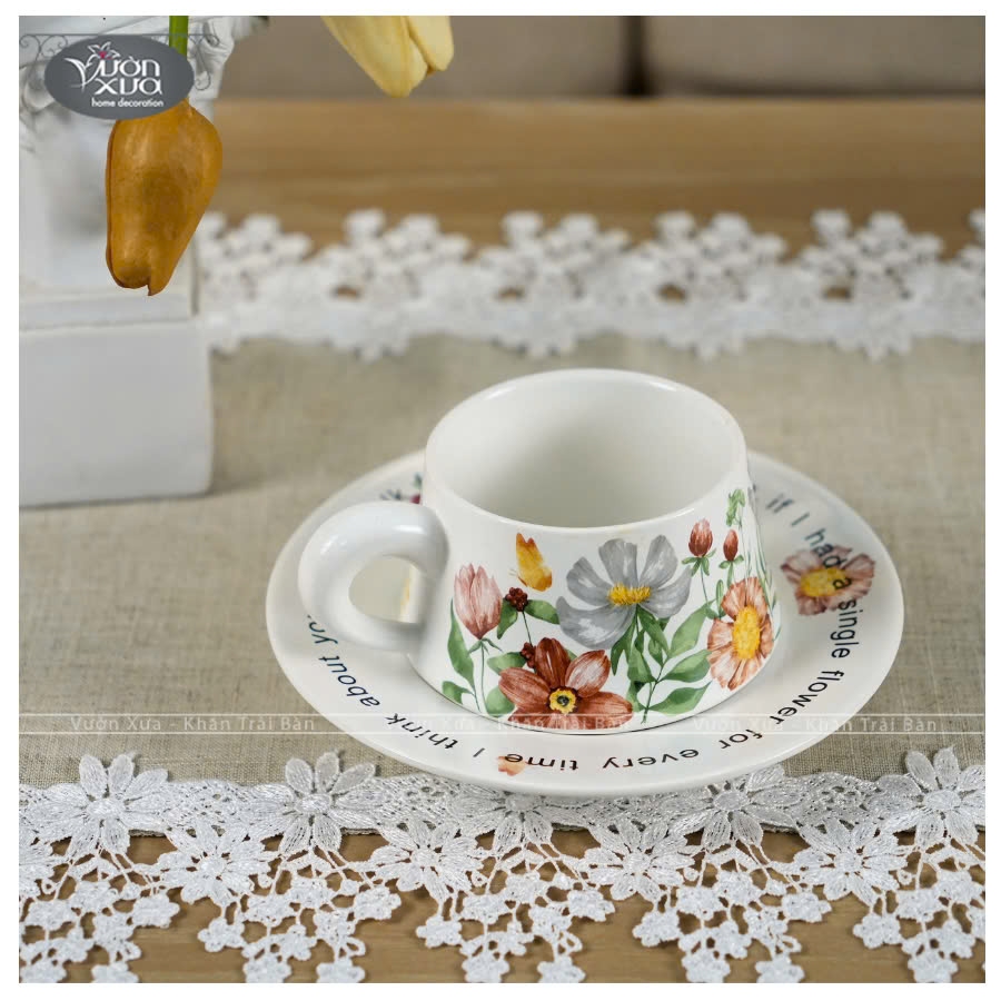 Set 6 tách đĩa uống cafe uống trà ,xương sứ Châu Âu, hoa lá mùa Xuân đẹp thanh lịch