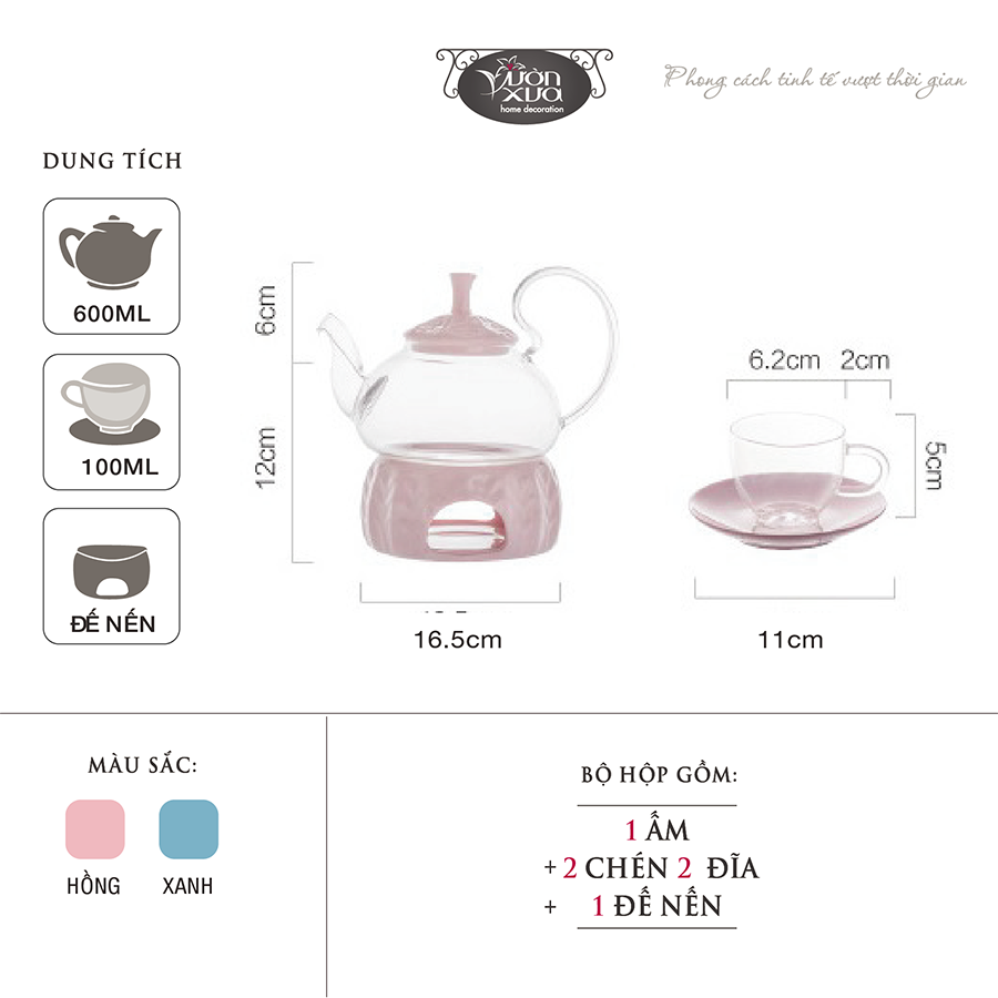 Bộ ấm trà thuỷ tinh chịu nhiệt có đế nến, bộ ấm chén uống trà cao cấp 600ml