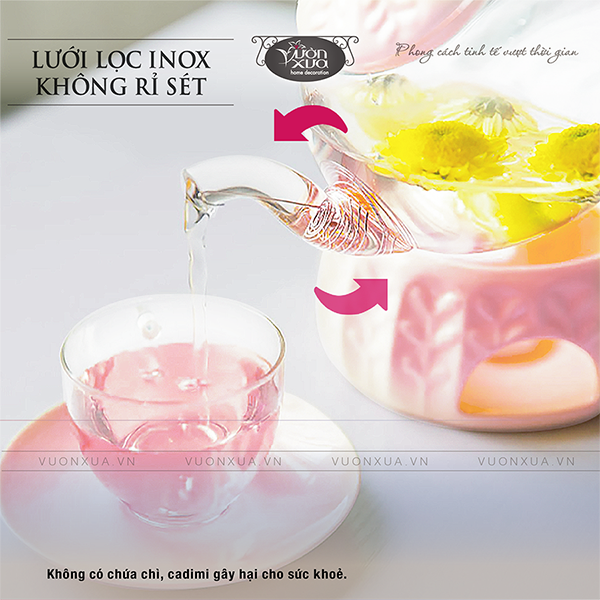 Bộ ấm trà thuỷ tinh chịu nhiệt có đế nến, bộ ấm chén uống trà cao cấp 600ml