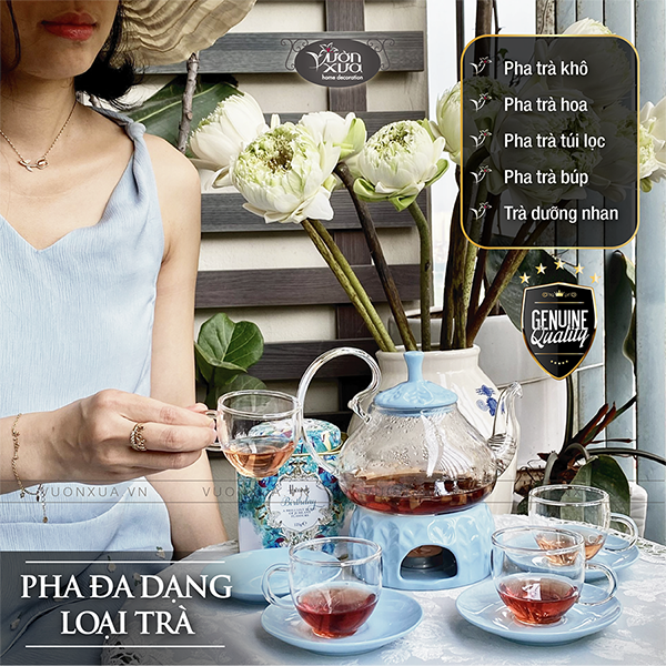 Bộ ấm trà thuỷ tinh chịu nhiệt có đế nến, bộ ấm chén uống trà cao cấp 600ml