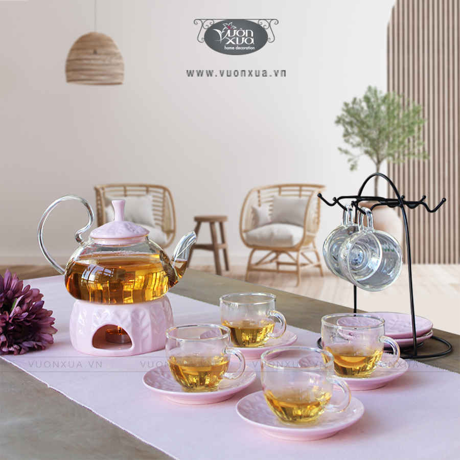 Bộ ấm trà thuỷ tinh chịu nhiệt có đế nến, bộ ấm chén uống trà cao cấp 600ml