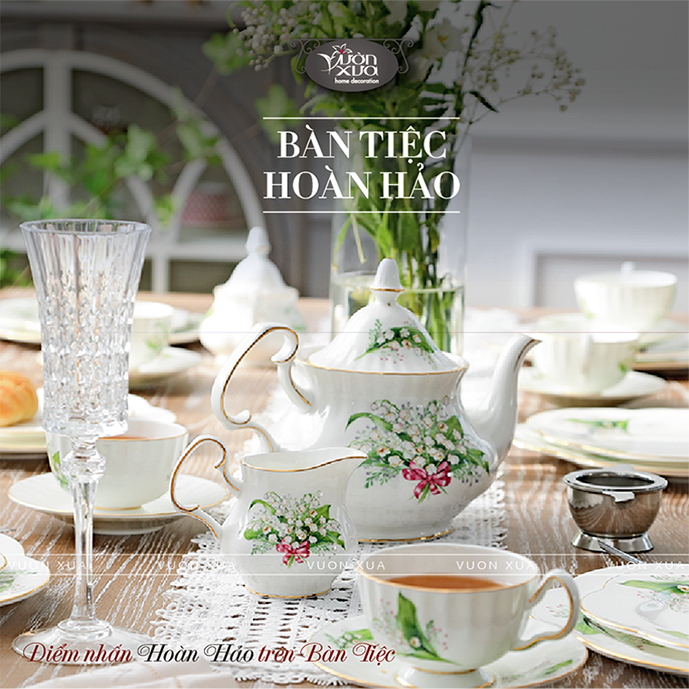 Bộ ấm chén uống trà Anna thung lũng hoa huệ nhà VƯỜN XƯA, trà chiều kiểu Anh, bộ tách cà phê Vintage