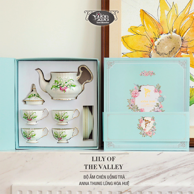 Bộ ấm chén uống trà Anna thung lũng hoa huệ nhà VƯỜN XƯA, trà chiều kiểu Anh, bộ tách cà phê Vintage