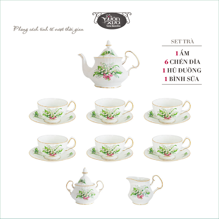 Bộ ấm chén uống trà Anna thung lũng hoa huệ nhà VƯỜN XƯA, trà chiều kiểu Anh, bộ tách cà phê Vintage