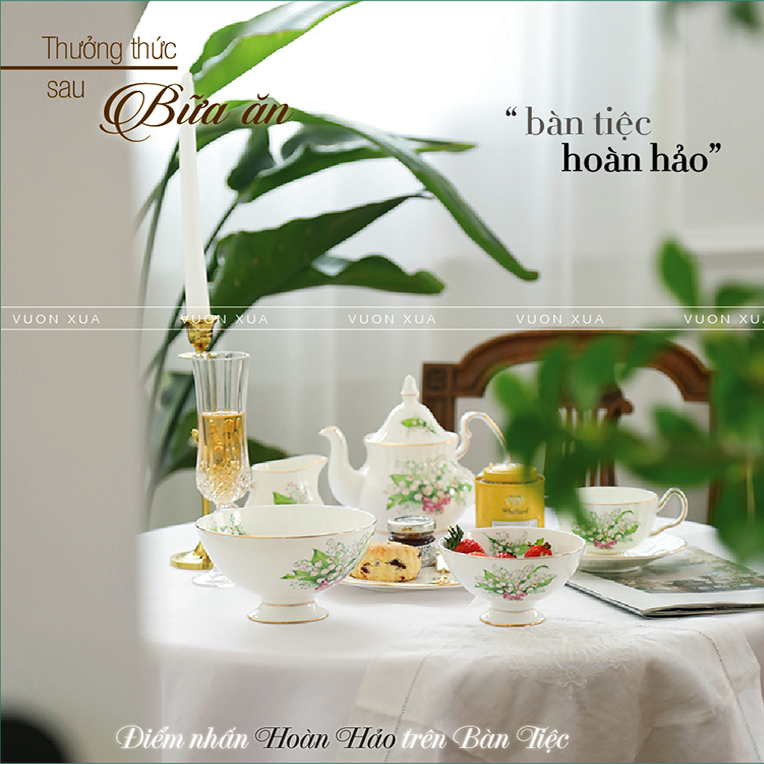 Bộ ấm chén uống trà Anna thung lũng hoa huệ nhà VƯỜN XƯA, trà chiều kiểu Anh, bộ tách cà phê Vintage