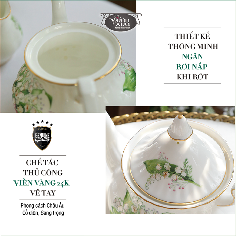 Bộ ấm chén uống trà Anna thung lũng hoa huệ nhà VƯỜN XƯA, trà chiều kiểu Anh, bộ tách cà phê Vintage