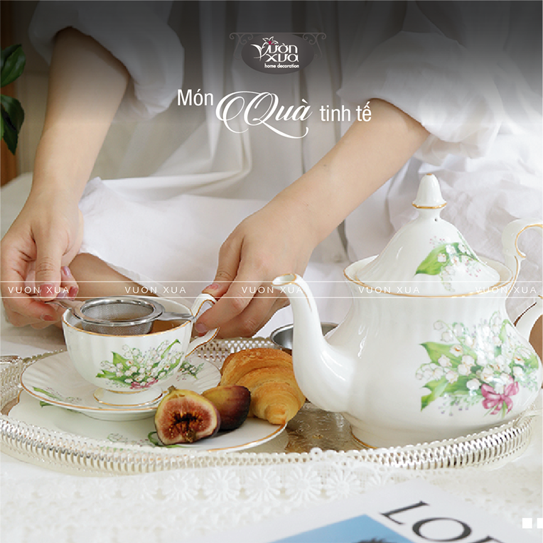 Bộ ấm chén uống trà Anna thung lũng hoa huệ nhà VƯỜN XƯA, trà chiều kiểu Anh, bộ tách cà phê Vintage