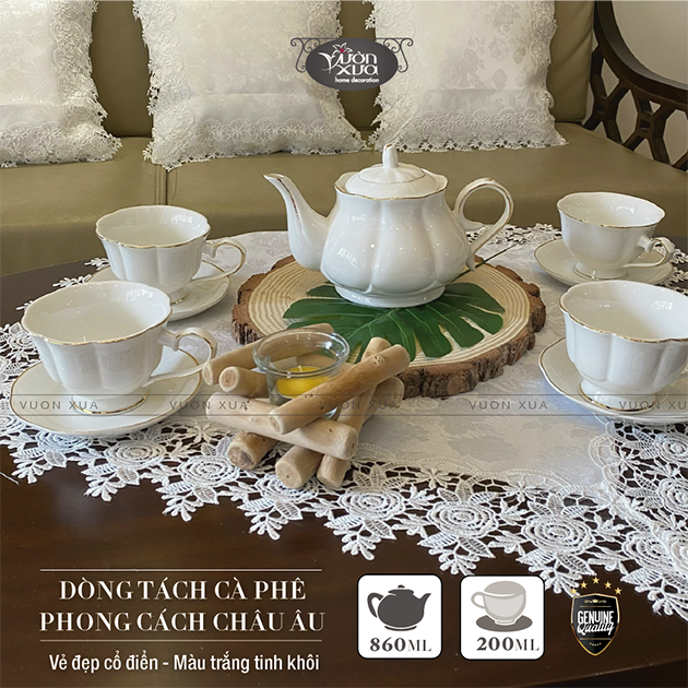 Bộ ấm chén uống trà màu trắng viền vàng nhà VƯỜN XƯA, trà chiều kiểu Anh, bộ tách cà phê Vintage