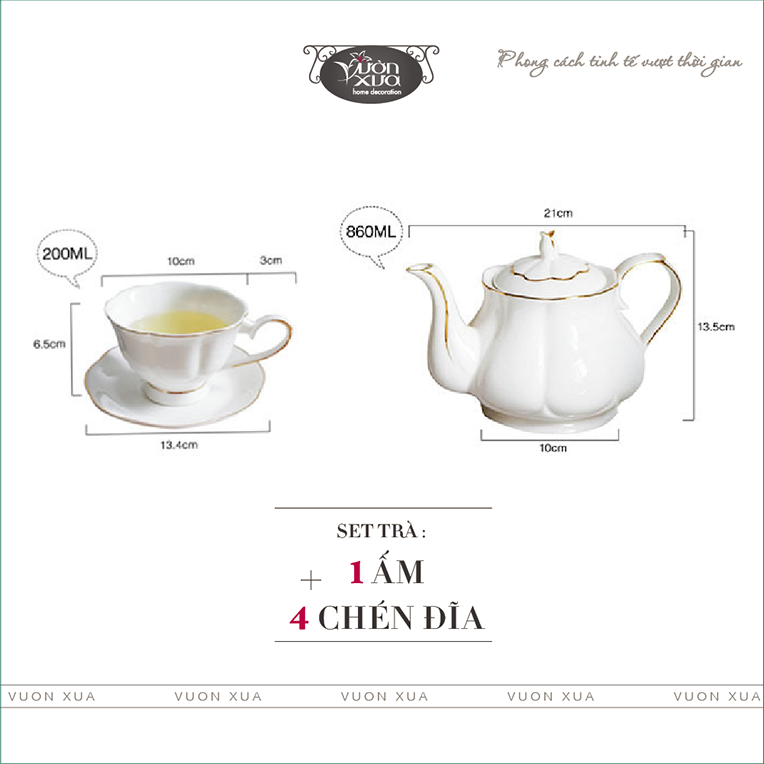 Bộ ấm chén uống trà màu trắng viền vàng nhà VƯỜN XƯA, trà chiều kiểu Anh, bộ tách cà phê Vintage