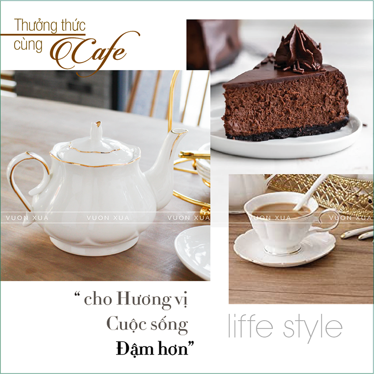 Bộ ấm chén uống trà màu trắng viền vàng nhà VƯỜN XƯA, trà chiều kiểu Anh, bộ tách cà phê Vintage