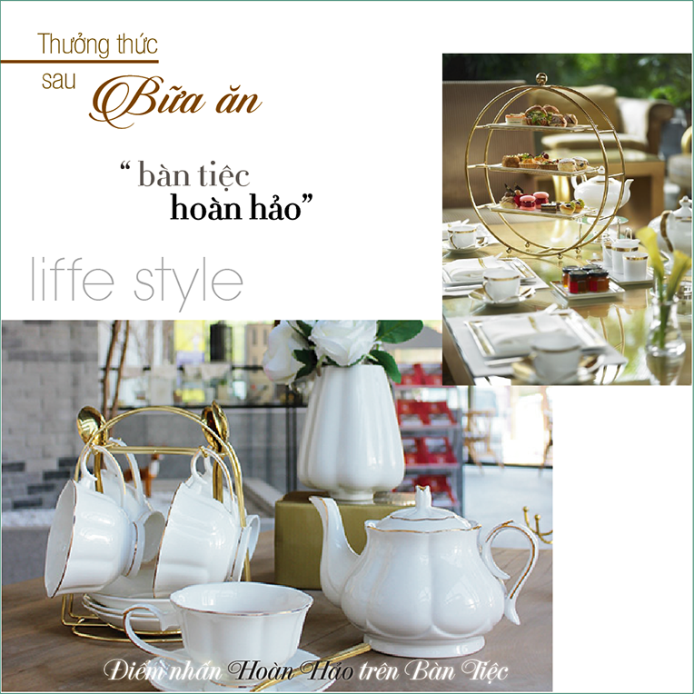 Bộ ấm chén uống trà màu trắng viền vàng nhà VƯỜN XƯA, trà chiều kiểu Anh, bộ tách cà phê Vintage