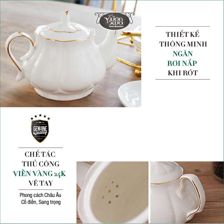 Bộ ấm chén uống trà màu trắng viền vàng nhà VƯỜN XƯA, trà chiều kiểu Anh, bộ tách cà phê Vintage