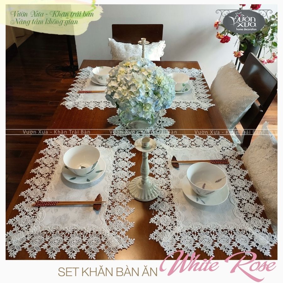 Tấm lót đĩa viền ren trắng vân gấm, set bàn ăn sang trọng nhà VƯỜN XƯA