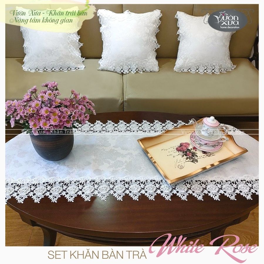 Khăn trải giữa bàn hoa hồng trắng viền ren nhà VƯỜN XƯA, KBWR-R