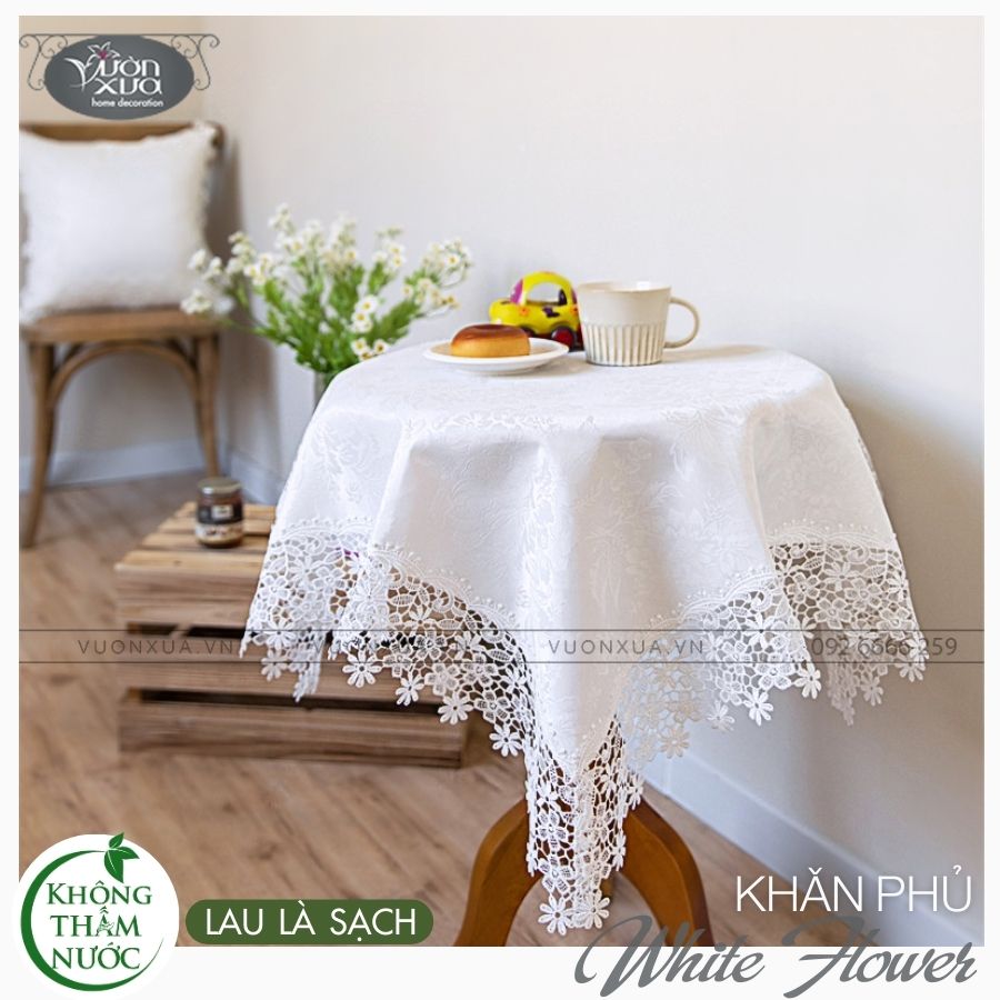 Khăn trải bàn góc, tab tròn màu trắng hoa chìm, CHỐNG NƯỚC, CHỐNG THẤM