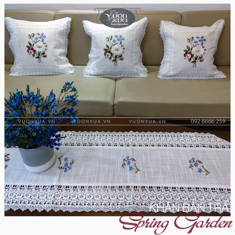 Vỏ gối tựa sofa VƯỜN XƯA thêu hoa mùa xuân Hoa Hồng Hoa Cúc KBSG