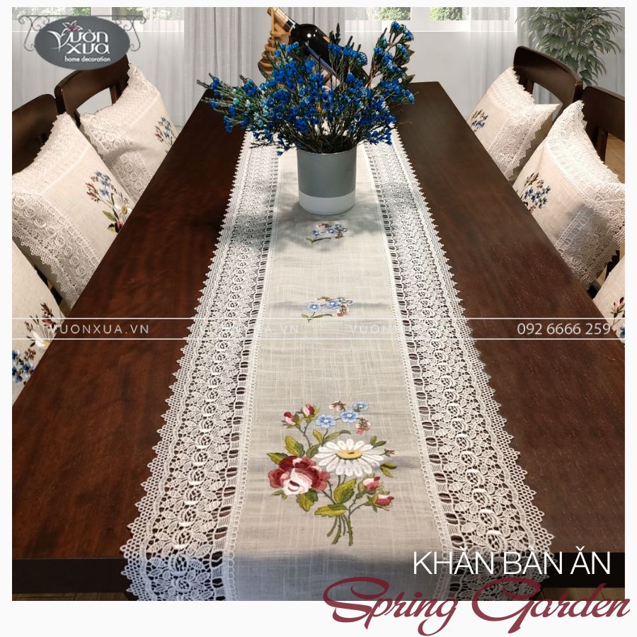 Khăn trải giữa bàn, khăn runner thêu hình hoa hồng hoa cúc VƯỜN XƯA, KBSG-R