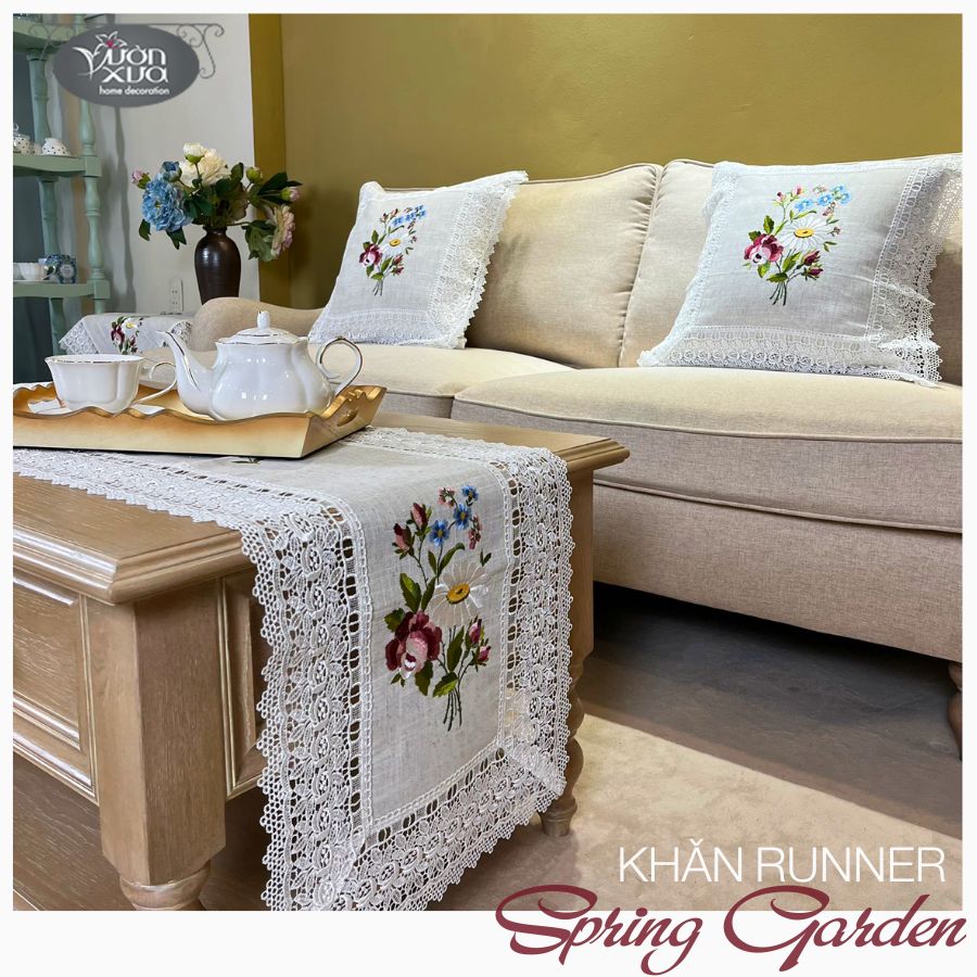 Khăn trải giữa bàn, khăn runner thêu hình hoa hồng hoa cúc VƯỜN XƯA, KBSG-R