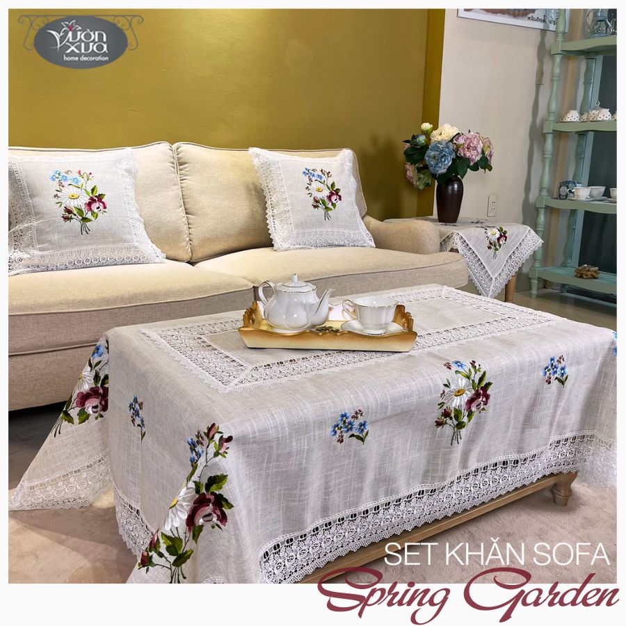 Khăn trải bàn VƯỜN XƯA thêu hoa mùa xuân Hoa Hồng Hoa Cúc KBSG