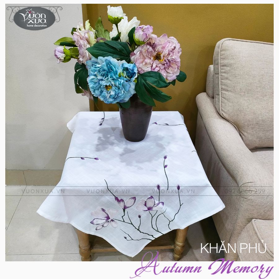 Khăn trải kệ vuông, khăn phủ bàn góc  thêu cành hoa Lan tím VƯỜN XƯA