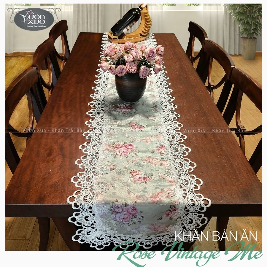 Khăn Runner trải giữa bàn Hoa Hồng vintage, mix khăn theo phong cách VƯỜN XƯA