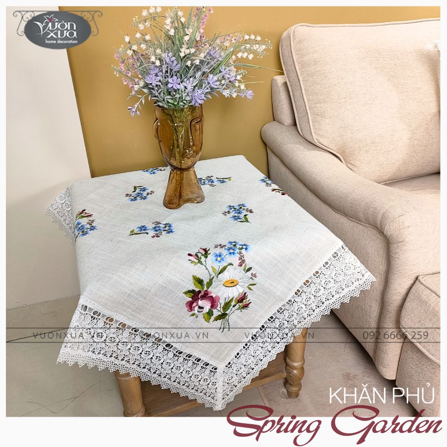 Khăn trải bàn vuông, bàn góc Sofa, khăn thêu hình hoa hồng hoa cúc VƯỜN XƯA