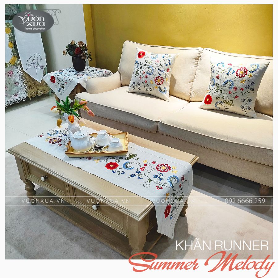 Khăn runner trải bàn trà, vỏ gối thêu hoa đồng bộ (ngày tết) VƯỜN XƯA