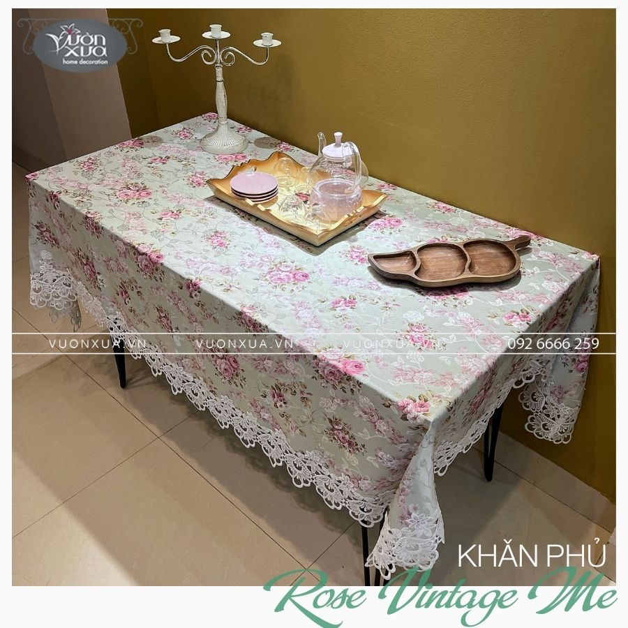 Khăn trải bàn chữ nhật VƯỜN XƯA Hoa Hồng Vintage đẹp thanh lịch KBRVM