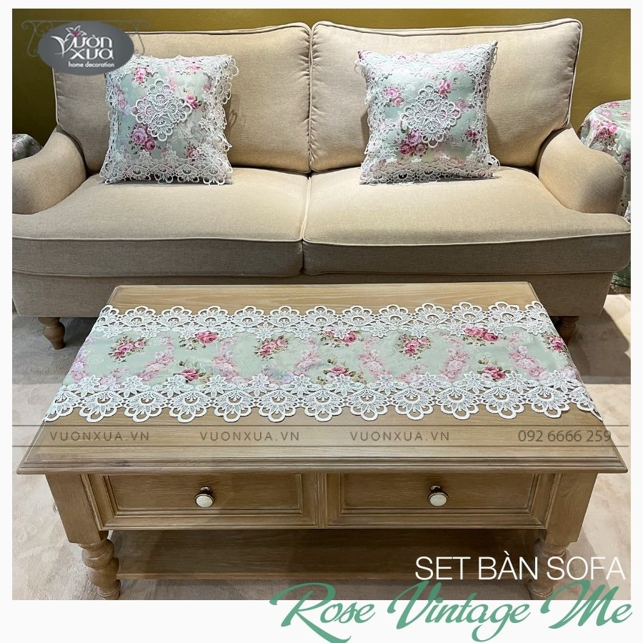 Khăn trải bàn phòng khách, vỏ gối hoa hồng vân lụa đẹp đồng bộ VƯỜN XƯA