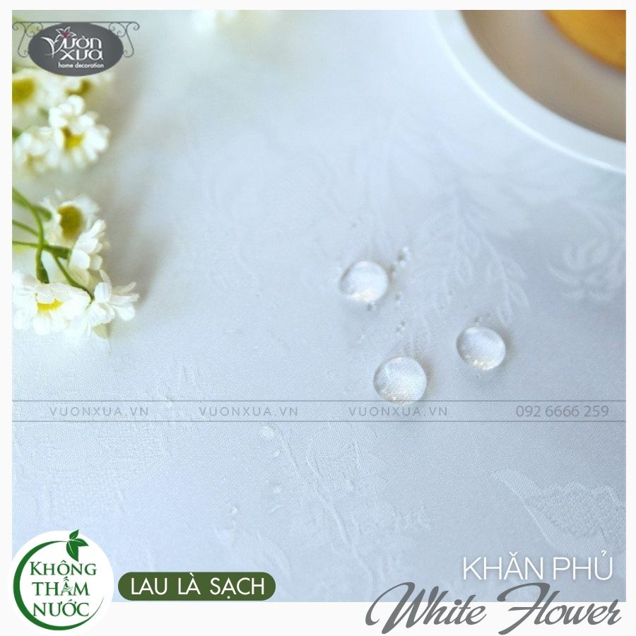 Khăn trải bàn vuông màu trắng hoa chìm, CHỐNG NƯỚC, CHỐNG THẤM