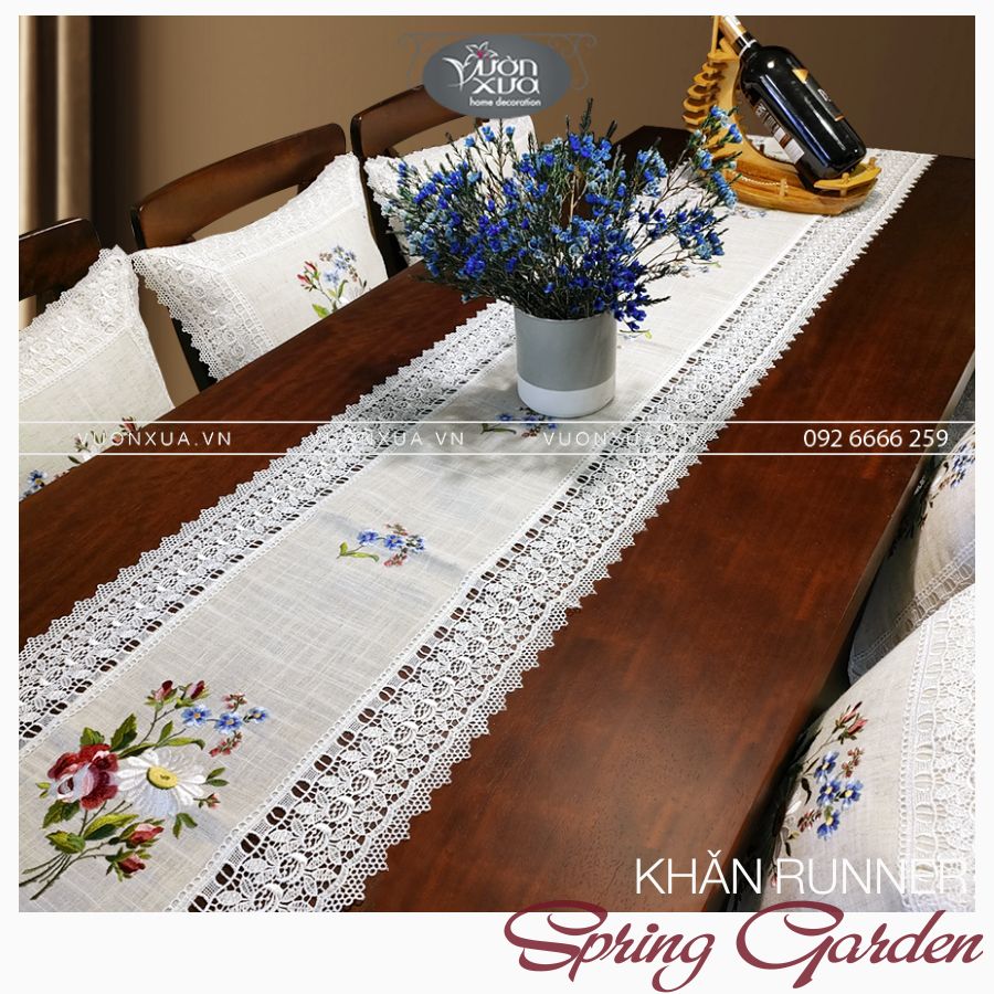 Khăn trải bàn thêu hoa mùa Xuân đẹp theo phong cách Vườn Xưa, KBSG-RV2