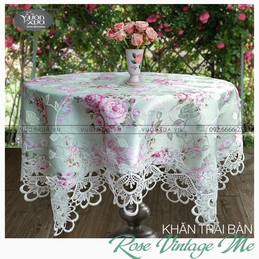 Khăn trải bàn vuông bàn tròn VƯỜN XƯA Hoa Hồng Vintage đẹp thanh lịch KBRVM