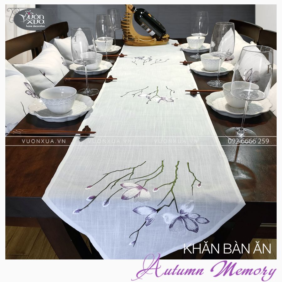 Khăn trải giữa bàn runner, khăn thêu cành hoa Lan tím VƯỜN XƯA, KBAM-R