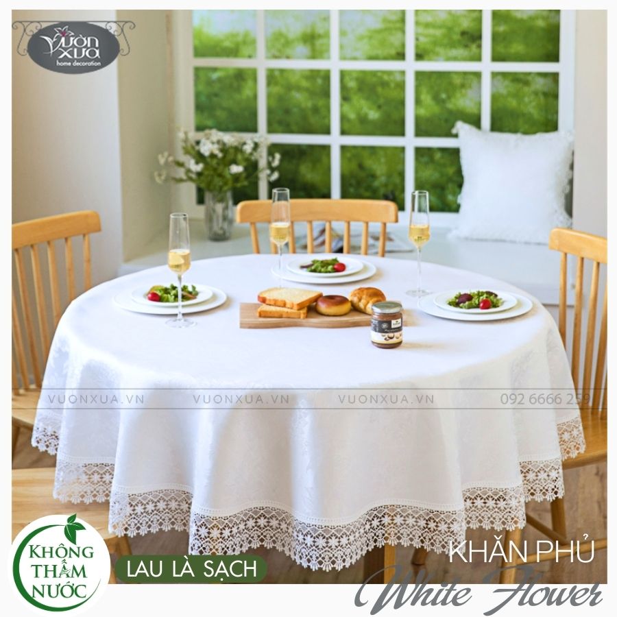Khăn trải bàn tròn màu trắng, vân hoa chìm, KHĂN CHỐNG NƯỚC CHỐNG THẤM, KBWF-T