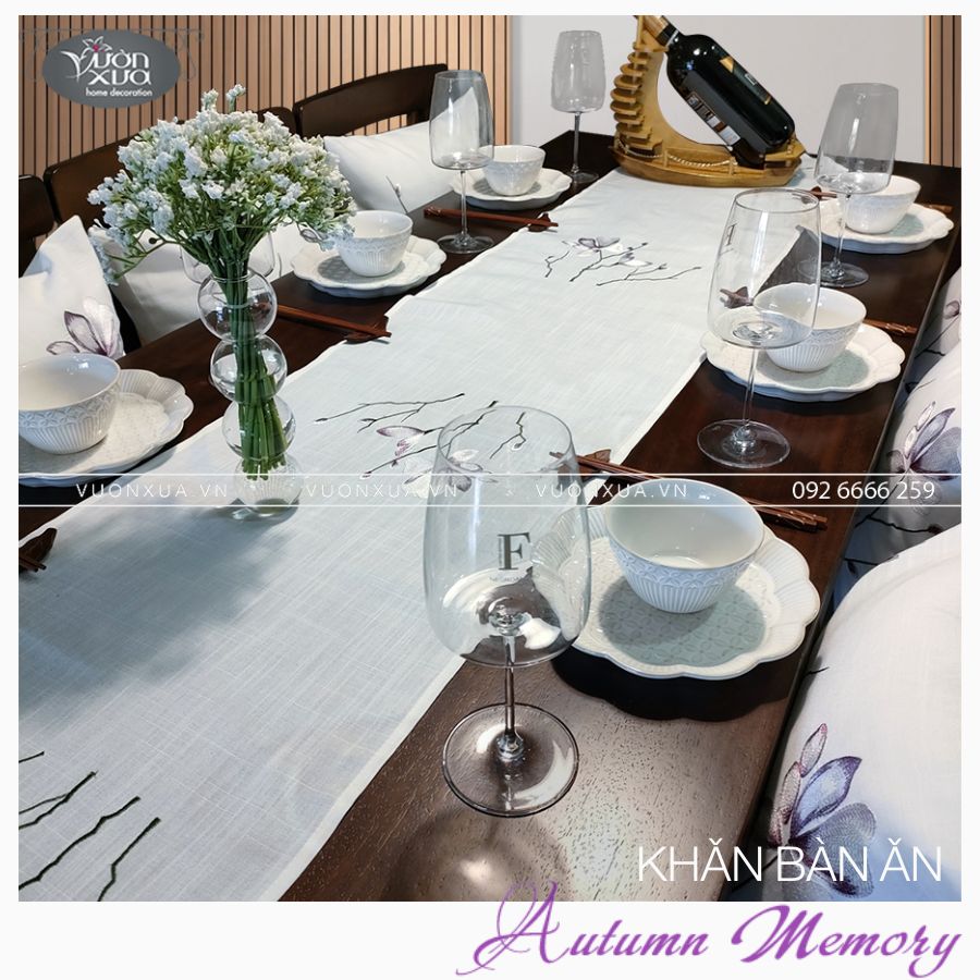 Khăn trải giữa bàn runner, khăn thêu cành hoa Lan tím VƯỜN XƯA, KBAM-R