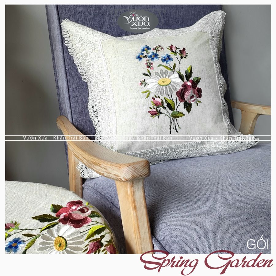 Vỏ gối tựa sofa VƯỜN XƯA thêu hoa mùa xuân Hoa Hồng Hoa Cúc KBSG