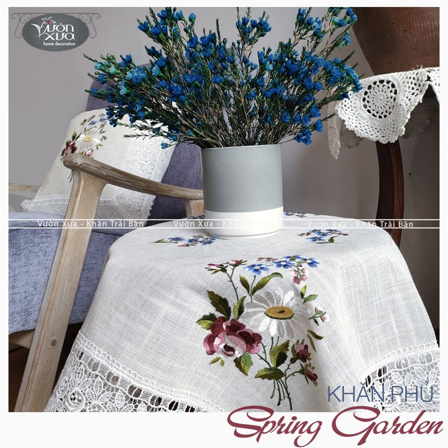 Khăn trải bàn thêu hình hoa hồng hoa cúc VƯỜN XƯA, KBSG-V