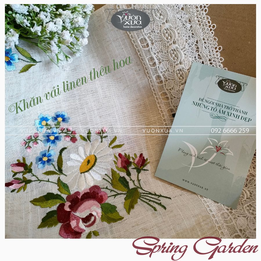 Khăn trải bàn VƯỜN XƯA thêu hoa mùa xuân Hoa Hồng Hoa Cúc KBSG