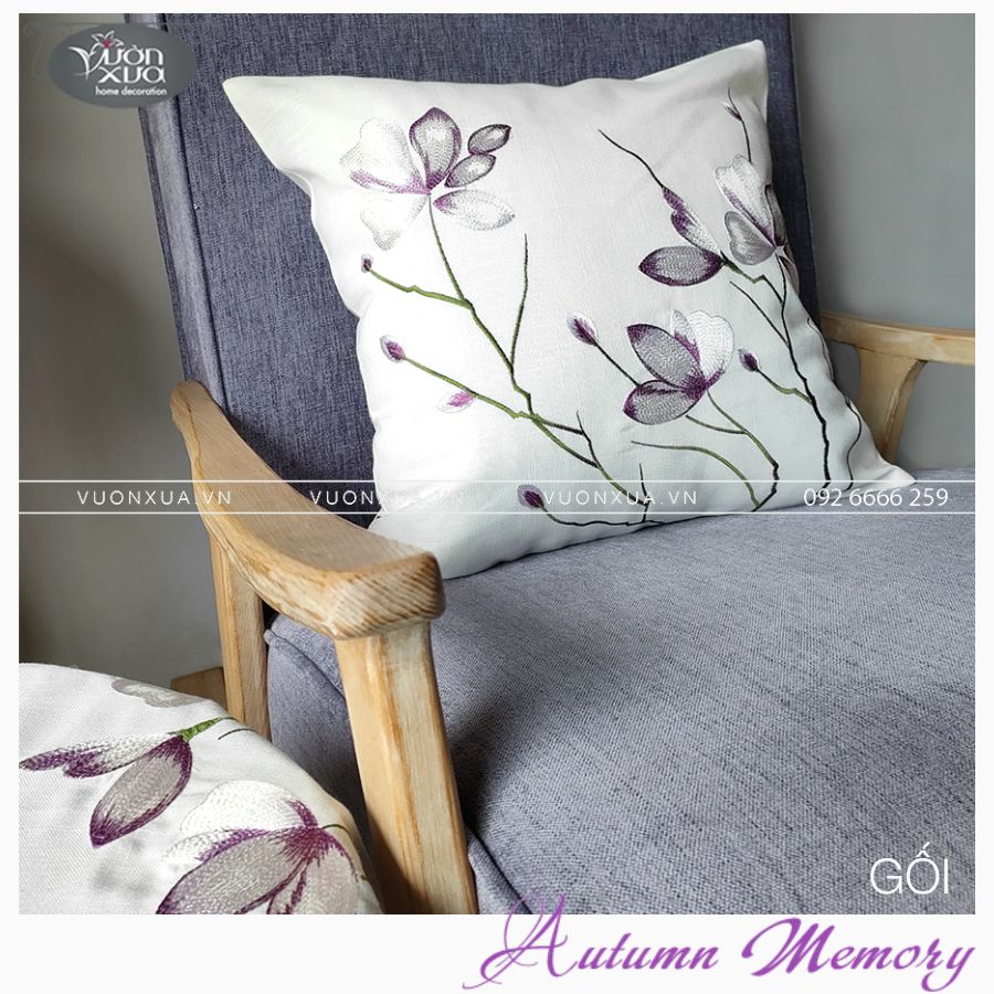 Vỏ gối tựa lưng sofa VƯỜN XƯA thêu Cành Hoa Lan tím đẹp sang trọng thanh nhã KBAM