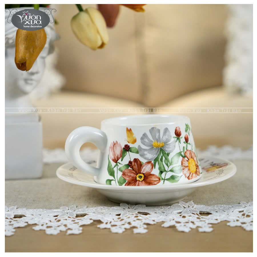 Set 6 tách đĩa uống cafe uống trà ,xương sứ Châu Âu, hoa lá mùa Xuân đẹp thanh lịch