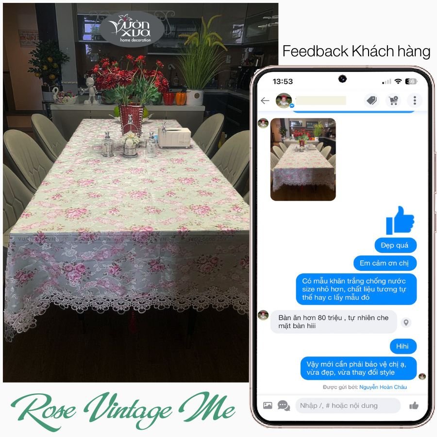 Khăn trải bàn chữ nhật VƯỜN XƯA Hoa Hồng Vintage đẹp thanh lịch KBRVM