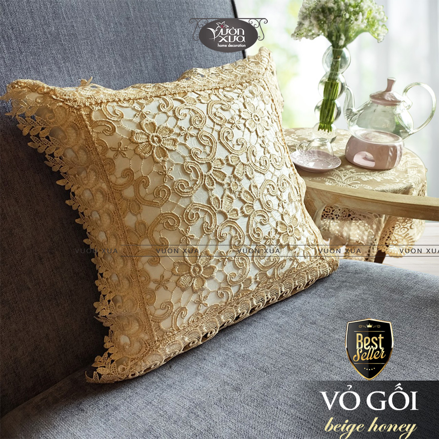 Vỏ gối tựa lưng sofa VƯỜN XƯA ren màu be nhà VƯỜN XƯA, KBBH