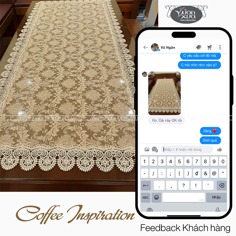 Khăn trải bàn phòng khách, vỏ gối vải ren mềm màu be đẹp đồng bộ