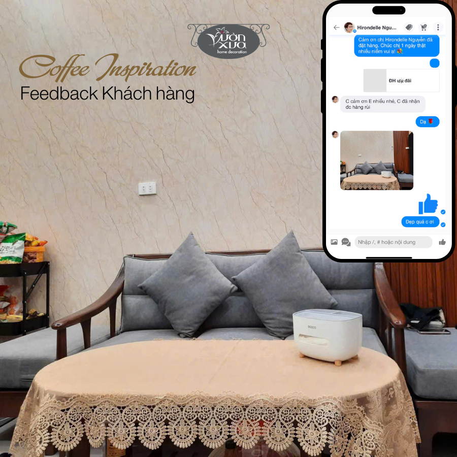 Khăn phủ bàn phòng khách, vỏ gối vải ren mềm màu be đẹp đồng bộ