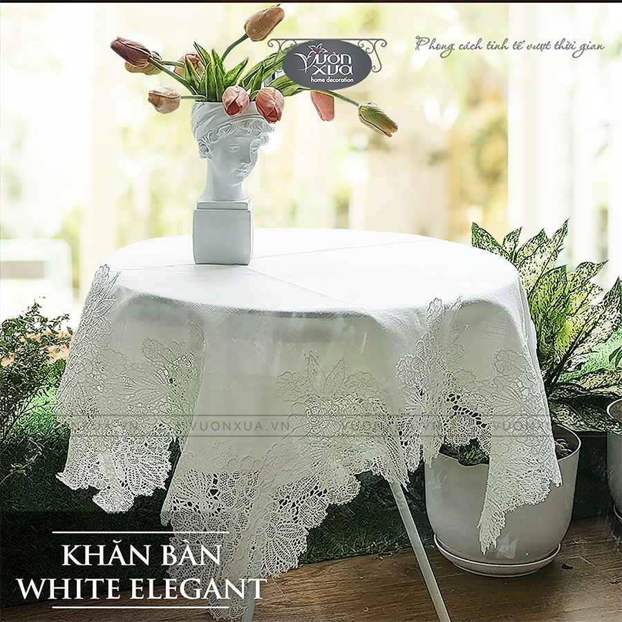 Khăn trải bản màu trắng, viền hoa ren VƯỜN XƯA, KBWE-V