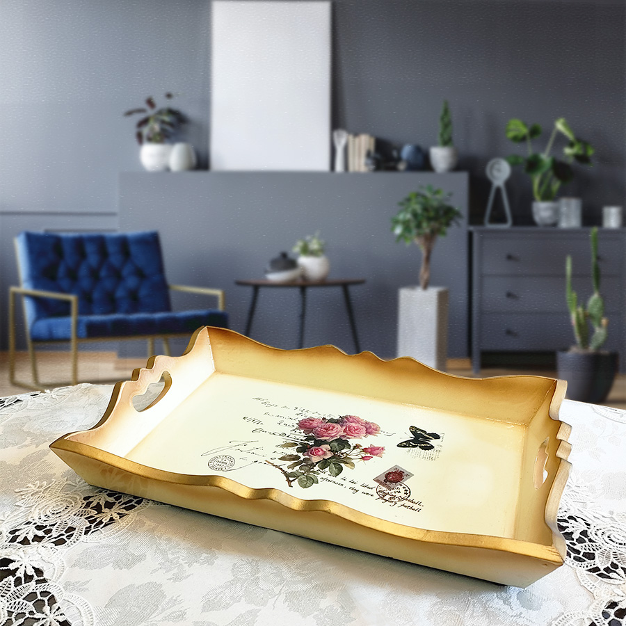 Khay Trà gỗ hoa hồng phong cách Châu Âu, đựng đồ khô và cốc nước lạnh VƯỜN XƯA