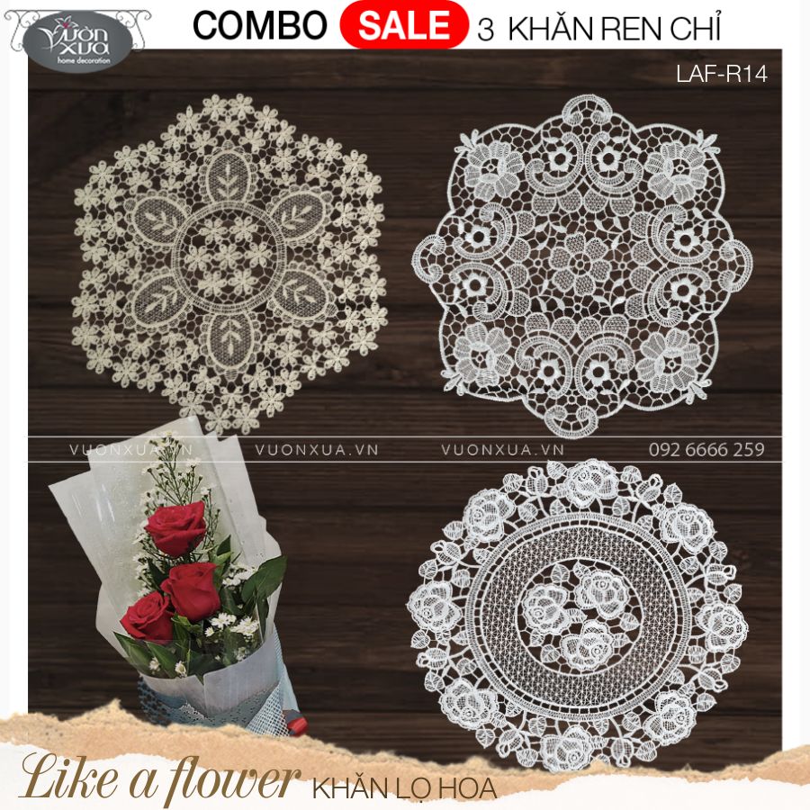 COMBO SALE (3 LÓT LỌ HOA) khăn lọ hoa Vườn Xưa, LAF-R14