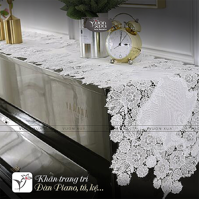 Khăn phủ đàn piano, Khăn Decor bàn, tủ, hoạ tiết ren thêu hoa màu trắng sang trọng nhà VƯỜN XƯA, kích thước 35*180cm; 35*240cm