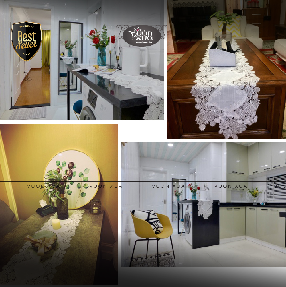 Khăn phủ đàn piano, Khăn Decor bàn, tủ, hoạ tiết ren thêu hoa màu trắng sang trọng nhà VƯỜN XƯA, kích thước 35*180cm; 35*240cm